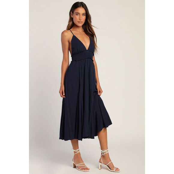 Lulus Essentially Elegant Navy Blue Sleeveless Backless Midi Dress Size M New - Picture 4 of 11